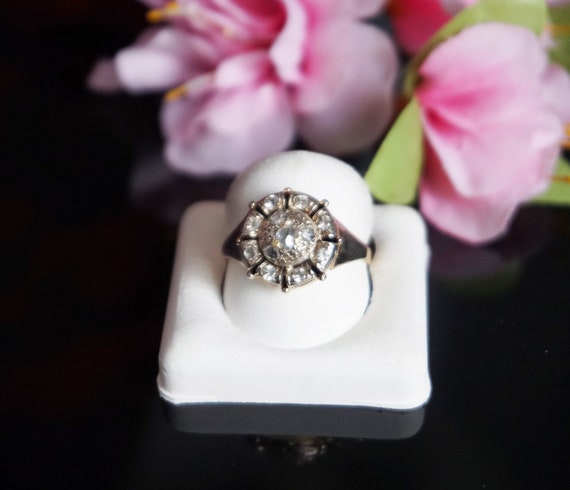 Antique rose cut diamond cluster ring, solid 18kt… - image 2