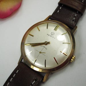 Vintage 9kt gouden herenpolshorloge Verity Incabloc nieuwe leren armband, Zwitsers mechanisch horlogekast, werkende staat, W25 afbeelding 15