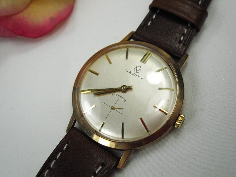 Vintage 9kt gouden herenpolshorloge Verity Incabloc nieuwe leren armband, Zwitsers mechanisch horlogekast, werkende staat, W25 afbeelding 15