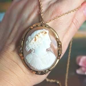May include: A gold chain necklace with a cameo pendant featuring a carved profile of a woman with a floral headdress. The cameo is set in a gold frame with ornate details.