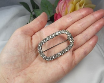Genuine Antique Silver Buckle Brooch with Black Dots Rock Crystals, Georgian Era Jewelry, TB189