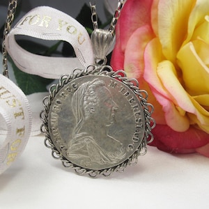 Antique silver Maria Theresa Thaler Coin Pendant with chain 36inch long VS2