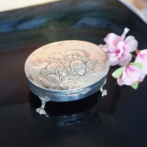 Antique Edwardian silver jewelry box, 1908 London Silver Cherub Trinket Box, Antique jewellery box, Silver Figural Pill /Trinket Boxes,TLJ12