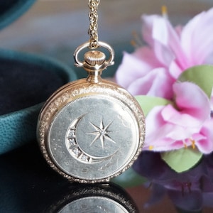 Antique Gold Pocket Watch, Diamond Gold Watch, Gold Pocket watch pendant, Crescent star diamond gold watch, rare gold watch for her, W4