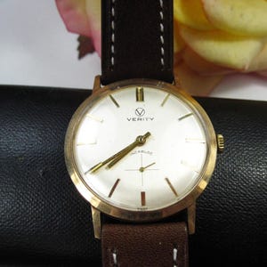 Vintage 9kt gouden herenpolshorloge Verity Incabloc nieuwe leren armband, Zwitsers mechanisch horlogekast, werkende staat, W25 afbeelding 10