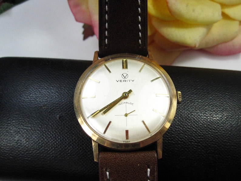 Vintage 9kt gouden herenpolshorloge Verity Incabloc nieuwe leren armband, Zwitsers mechanisch horlogekast, werkende staat, W25 afbeelding 10