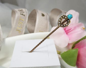 Antique 9kt gold pin seed pearls & turquoise, Victorian heart shaped gold pin, with turquoise cabochon, DT17