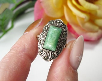 Art Deco Amazonite and Marcasites 935 European Silver Ring, Size 4 3/4, TB101