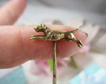 Antique English shepherd dog pin, 9ct gold & pinchback tie pin, GG13