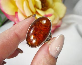 Vintage Silver Statement Ring with Large Amber, Size 6, TB123
