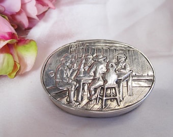 Antique Dutch 800 Silver Oval trinket Box, Tavern Scene Embossed box 35g, TLJ7