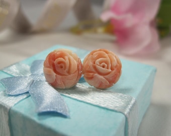 Vintage Italian coral stud earrings 9ct gold carved flower, coral earrings, April birthstone gift, small gold & coral earrings, AP5