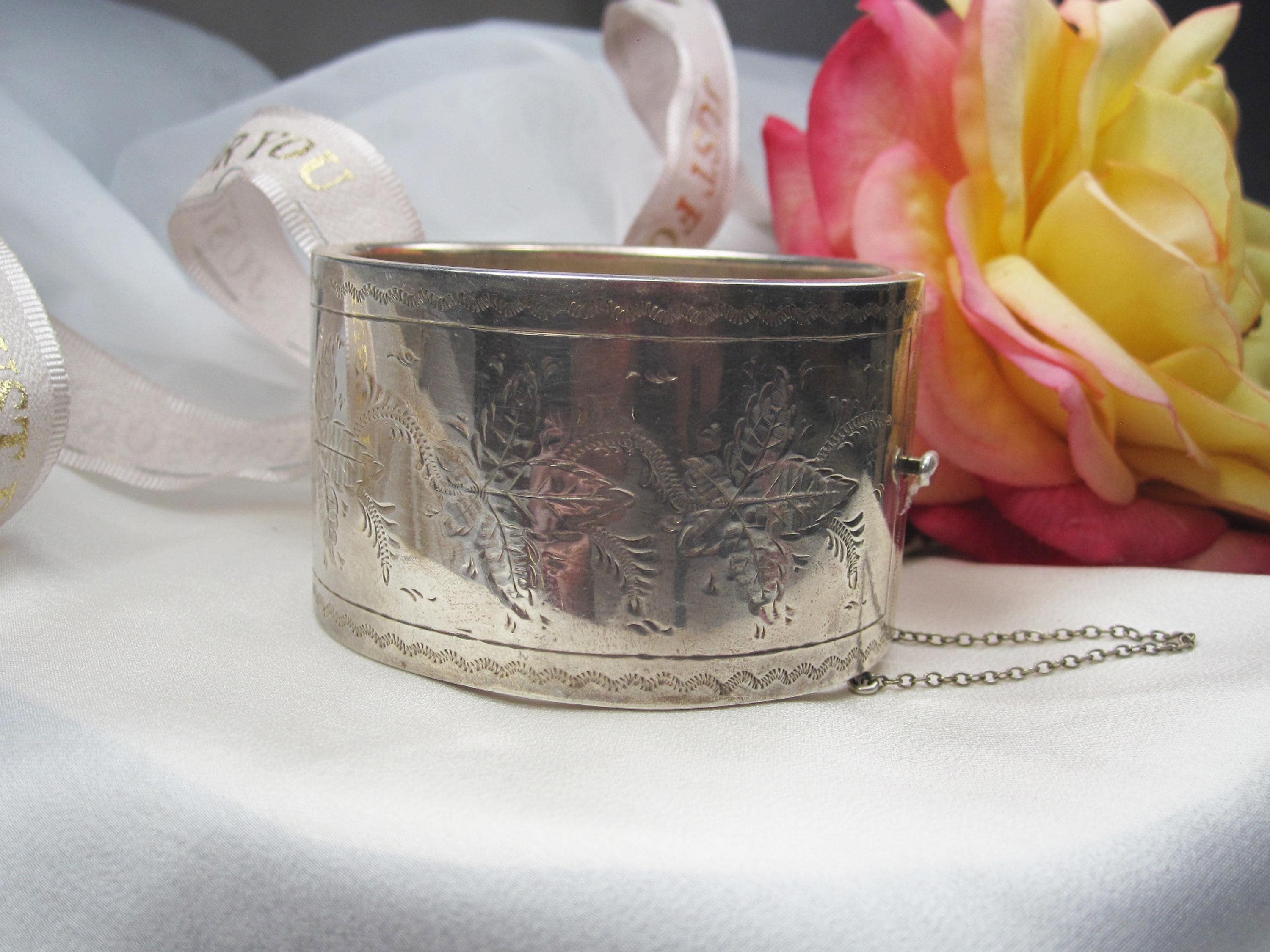 Vintage Sterling Silver Bangle, extra large Hinged Bangle Sterling cuff bracelet with floral design very elegant and unique look, VS10