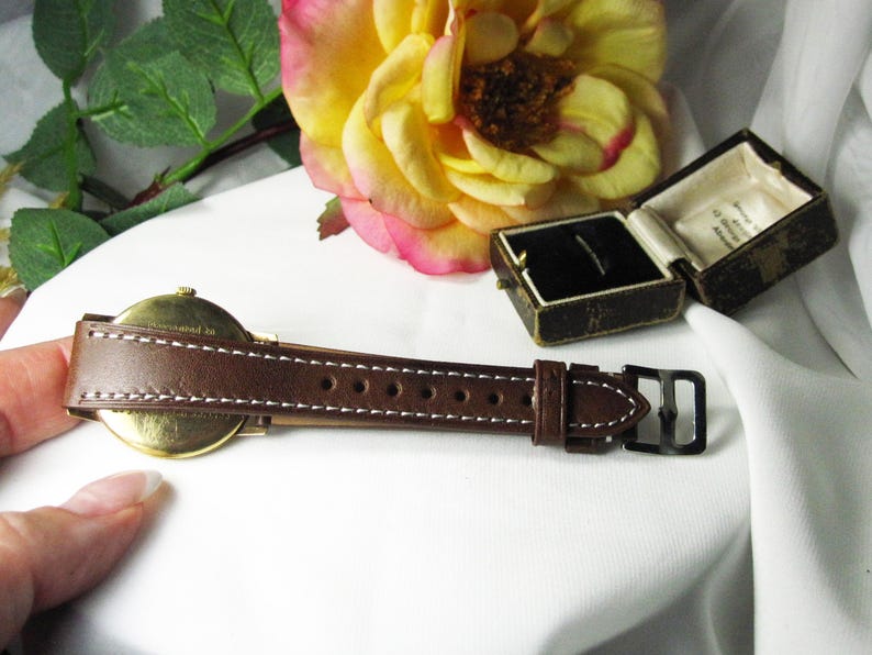 Vintage 9kt gouden herenpolshorloge Verity Incabloc nieuwe leren armband, Zwitsers mechanisch horlogekast, werkende staat, W25 afbeelding 8