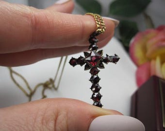 Victorian Antique Cross Pendant with Garnet Gemstones & Pinchbek Frame, TB281