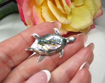 Vintage sterlingzilveren schildpadbroche met abaloneschelp, VS1