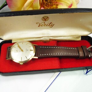 Vintage 9kt gouden herenpolshorloge Verity Incabloc nieuwe leren armband, Zwitsers mechanisch horlogekast, werkende staat, W25 afbeelding 2