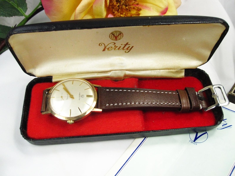 Vintage 9kt gouden herenpolshorloge Verity Incabloc nieuwe leren armband, Zwitsers mechanisch horlogekast, werkende staat, W25 afbeelding 2
