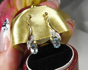Vintage 9kt Yellow Gold Earrings with Blue Topaz and Diamonds in Victorian Style, TB27