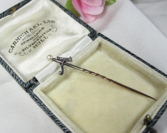 Antique 9kt Gold Letter "A" Pin, Silver, Diamond & Pearl, D28