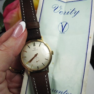 Vintage 9kt gouden herenpolshorloge Verity Incabloc nieuwe leren armband, Zwitsers mechanisch horlogekast, werkende staat, W25 afbeelding 1