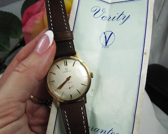 Vintage 9ct gold men wrist watch Verity Incabloc new leather bracelet, cased Swiss mechanical, working condition,  W25