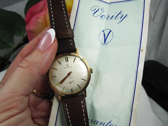 Vintage 9ct gold men wrist watch Verity Incabloc new leather bracelet, cased Swiss mechanical, working condition,  W25