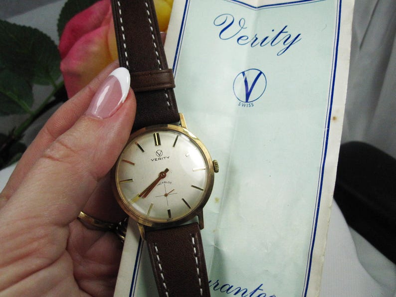 Vintage 9kt gouden herenpolshorloge Verity Incabloc nieuwe leren armband, Zwitsers mechanisch horlogekast, werkende staat, W25 afbeelding 1