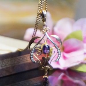 Vintage Amethyst gold pendant, 9ct Gold Amethyst & Seed Pearl Pendant/Brooch, February birthstone necklace, Large gold pendant, A14