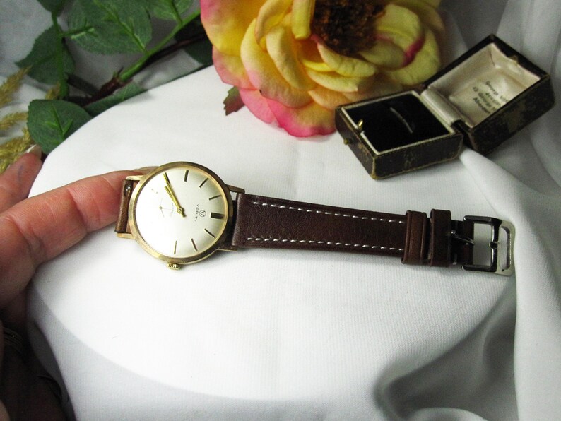 Vintage 9kt gouden herenpolshorloge Verity Incabloc nieuwe leren armband, Zwitsers mechanisch horlogekast, werkende staat, W25 afbeelding 7