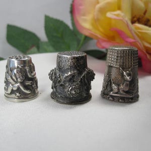 Three Antique Art Deco Collectible English Silver Thimbles, 1 by 1 Thimble, TB525
