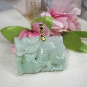 Vintage Chinese Carved & Pierced Translucent White Green Jadeite Pendant, Jade Dragon pendant 14kt gold, Gift for her, Gift for him, M15