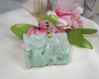 Vintage Chinese Carved & Pierced Translucent White Green Jadeite Pendant, Jade Dragon pendant 14kt gold, Gift for her, Gift for him, M15