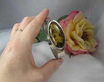 Vintage Silver Statement Cuff Bracelet with Large Amber, Modernist Design, TB183