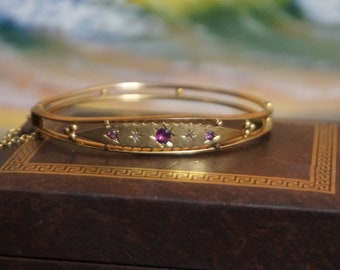 Antique 9ct Gold Diamond & Ruby Set Bangle, Antique gold bracelet with rubies and diamonds, July ruby gold bracelet, gift for Mom,RU13