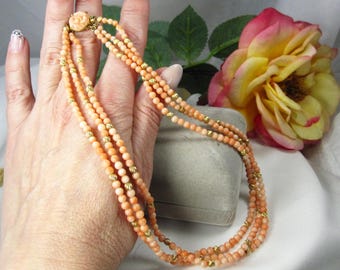 Collar vintage de coral piel de ángel y oro de 14 quilates, diseño de gargantilla de 3 hilos, TB114