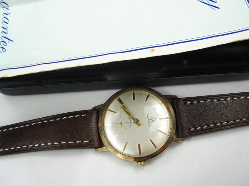 Vintage 9kt gouden herenpolshorloge Verity Incabloc nieuwe leren armband, Zwitsers mechanisch horlogekast, werkende staat, W25 afbeelding 11
