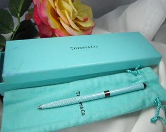 Vintage Tiffany & Co. Sterling .925 Germany Purse Pen 4 5/8" with Black Ink, Guilloche Box and Pouch, TB40