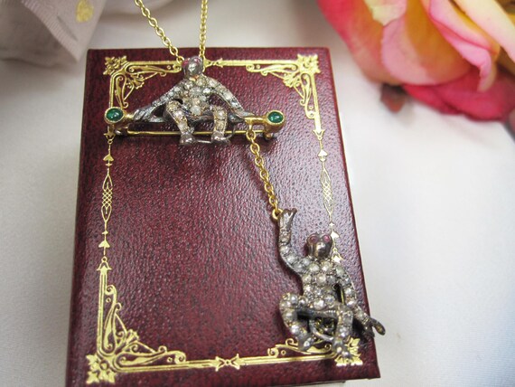 Victorian Diamond, ruby, Emerald Set Monkey Brooc… - image 9