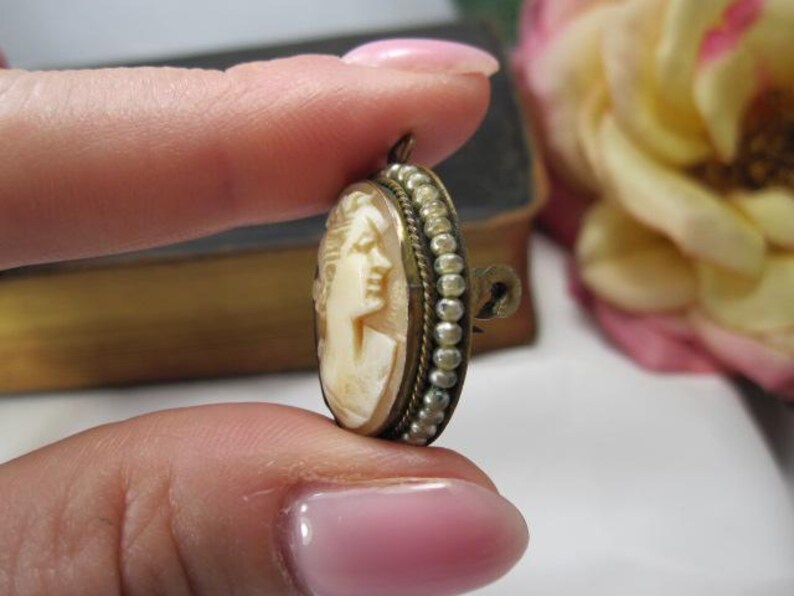 May include: An oval-shaped cameo brooch featuring a carved cream-colored profile of a person. The central carving is framed by a border of small, round, white seed pearls set in a dark metal casing with a twisted wire edge and a pin mechanism.