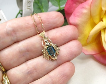 Edwardian Style butterfly 10kt gold pendant, Blue/Green Tourmaline insect/Butterfly jewelry,  N25