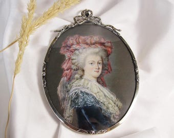 Miniature portrait watercolour 18th century lady, possibly Marie Antoinette rare hand painted portrait pendant, Antique silver pendant, LP11