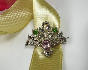 French Victorian Silver & Paste Flower Basket Brooch, TB32