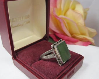 1920-talets kinesiska exportring i silver och jade, storlek 7 1/4, antika art déco-smycken, TB266