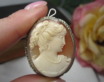 Natural Shell Cameo with Sterling Silver & Gold, Vintage Brooch Pendant, Embellished with Marcasite Stones, TB448