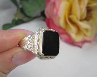 Elegant Antique Men's Onyx Signet Ring, Victorian Sterling Silver, Size 12, TB195