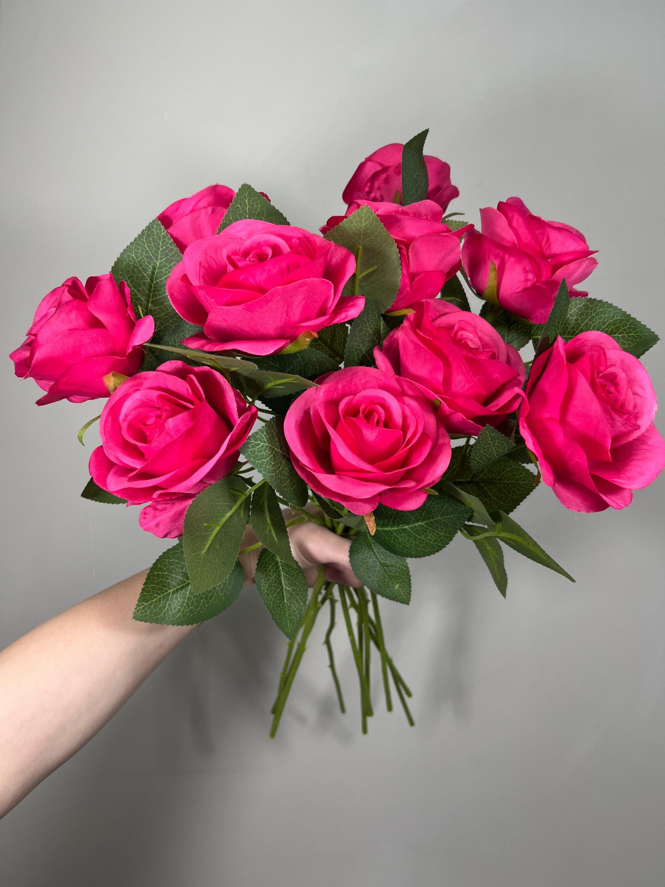 Pink Roes Real Fuchsia Roses Artificial Flower Heads With Stem Hot Pink Wedding Roses ...
