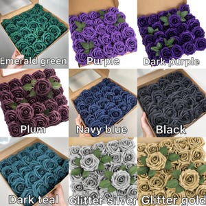 May include: A selection of artificial roses in shades such as emerald green, purple, dark purple, plum, navy blue, black, dark teal, glitter silver, and glitter gold. Each box contains numerous roses, suitable for crafting or decorative purposes.