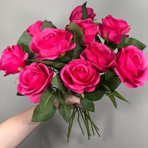 Fuchsia Roses Artificial Flower Heads with Stem Hot Pink Wedding Roses for Bouquet DIY Bright Pink Roses Real Touch Floral Supplies Flowers