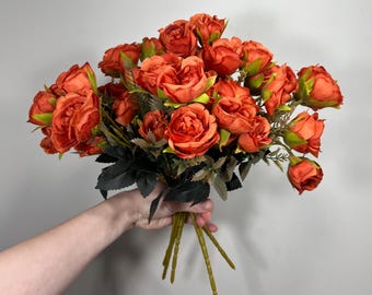 Burnt Orange Artificial Rose Spray 1 Bundle Terracotta Silk Roses DIY Bouquet Wedding Rust Flower Heads with Stems Orange Fall Flowers